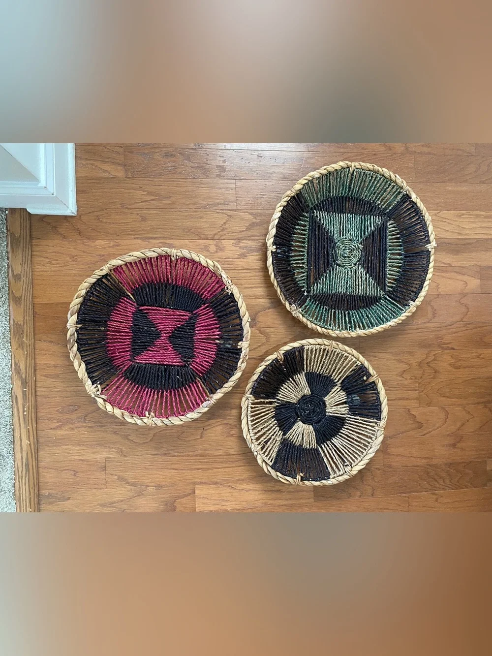 World Market Bohemian Woven Wall Basket Trio in Pink, Green & Natural